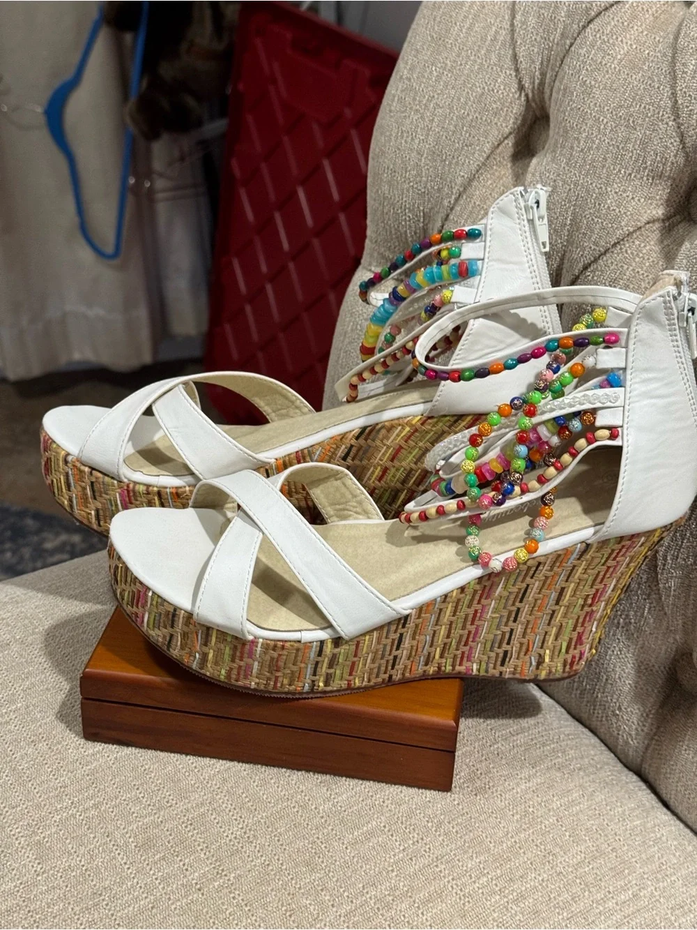 White Beaded Ankle-Strap Wedge Sandals size 40